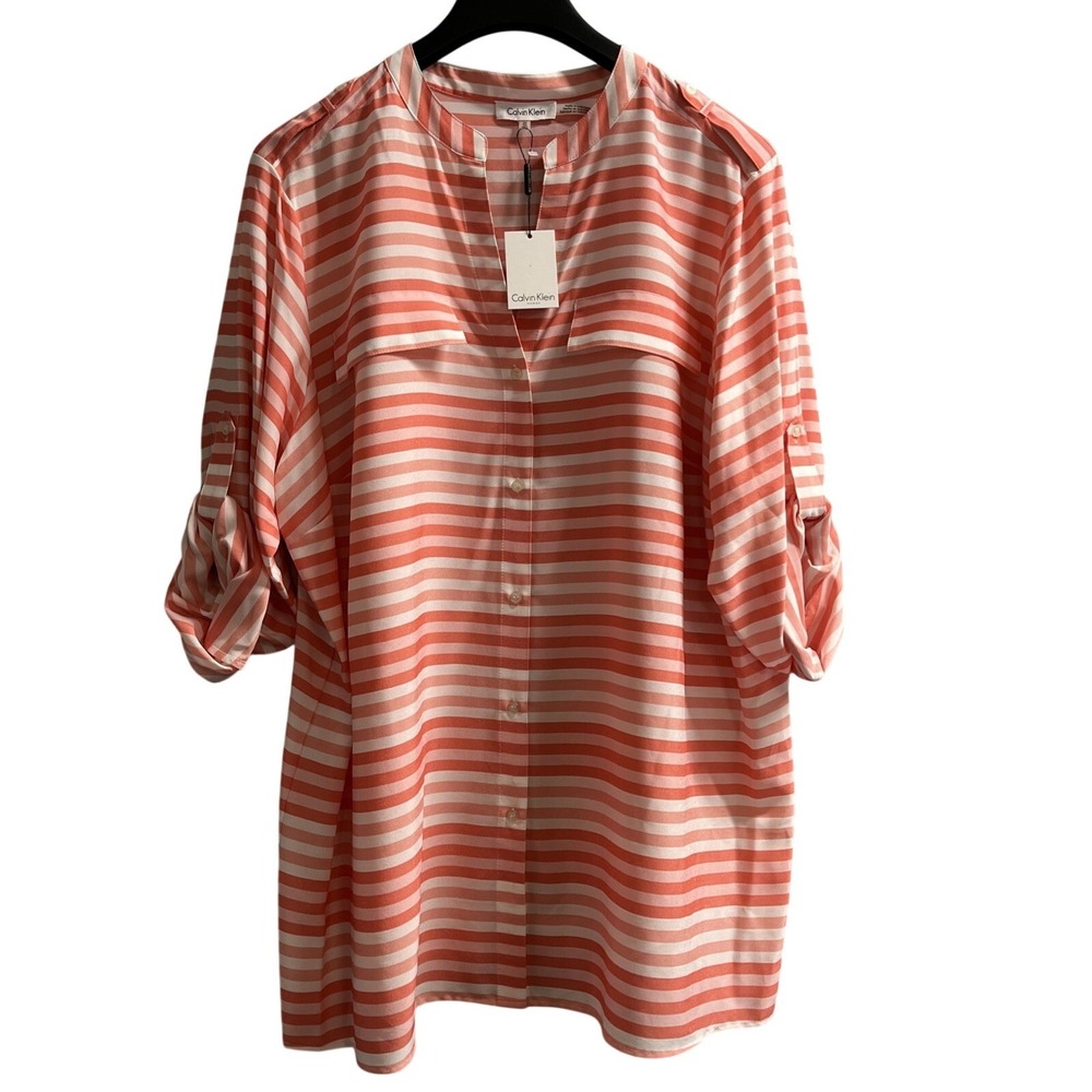 Calvin Klein Top Womens 2X Pink Striped Sheer Chiffon Button‎ Down Tunic Blouse